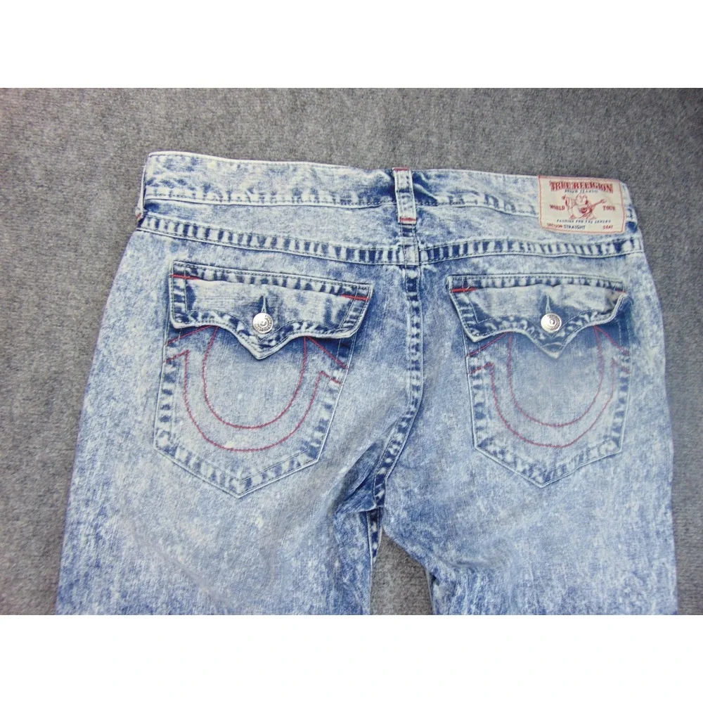 True Religion Jeans Mens 42x32 Blue Acid Wash Distressed Flap Pocket Y2K Grunge